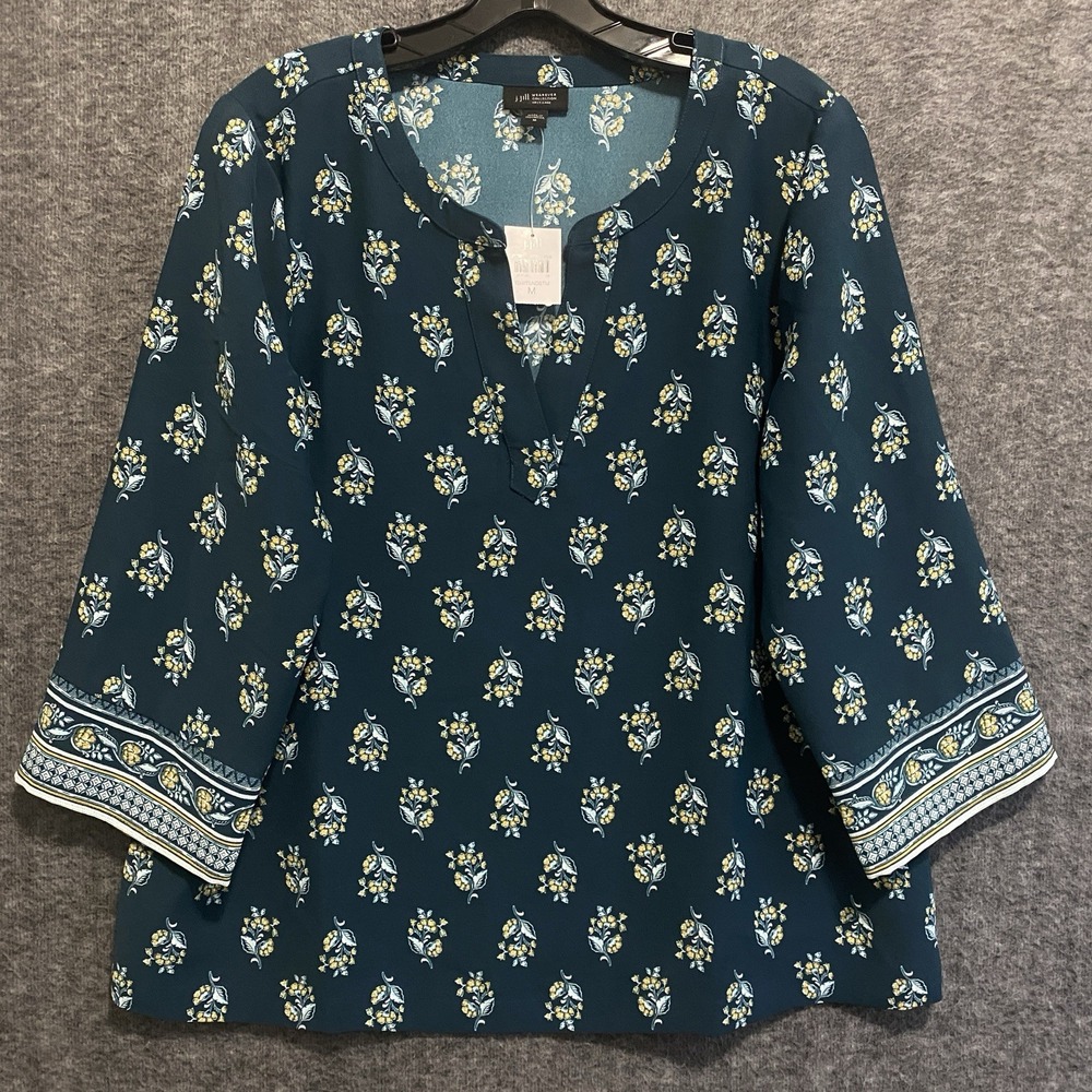 NEW J Jill Top Women M Green Floral Wearever Collection Boho Cottagecore Popover